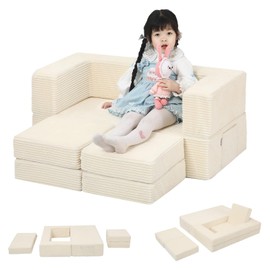 MeMoreCool Modular Kids Couch, Corduroy Play Toddler Couch for Bedroom Playroom Furniture, Convertible Foam Kids Sofa Bed, Fold Out Baby Sofa for Girl Boy, Beige