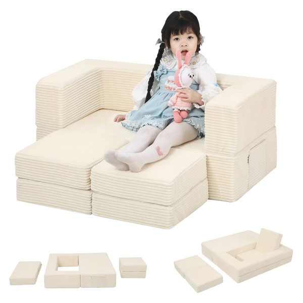 MeMoreCool Modular Kids Couch, Corduroy Play Toddler Couch for Bedroom