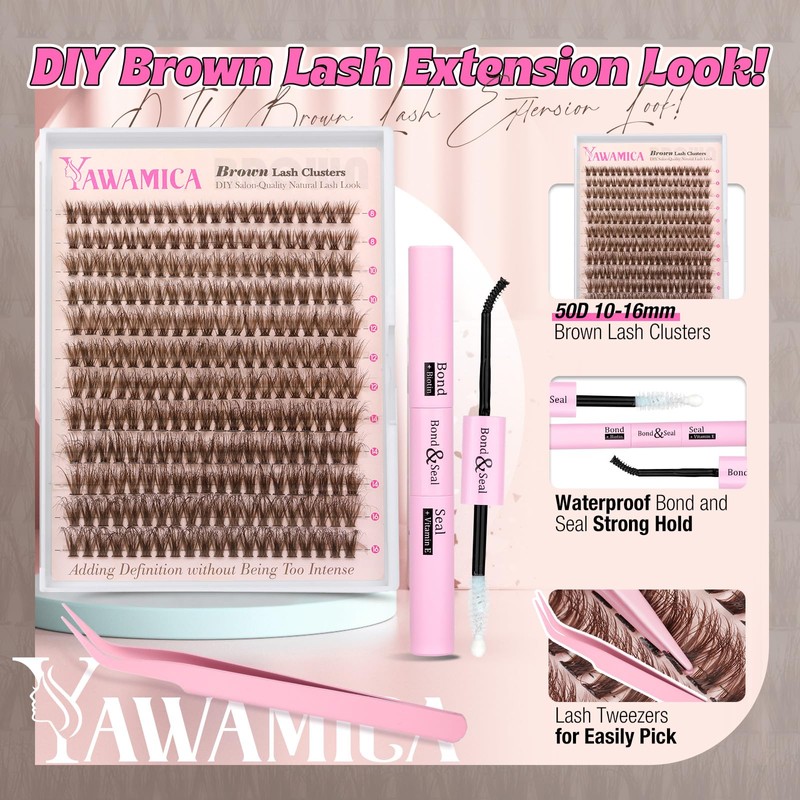 Yawamica Brown Lash Clusters Kit Fluffy Lash Extension Kit 10-16mm