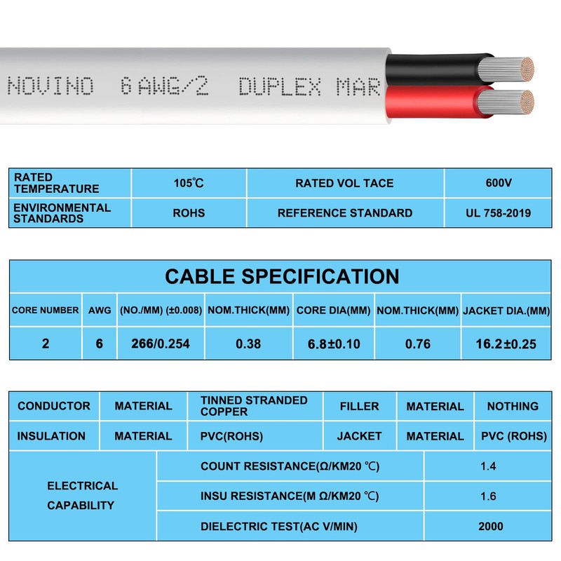 6 Gauge Marine Wire Duplex Marine Grade Wire,6 AWG 15ft