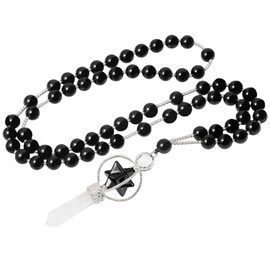 Nupuyai Hexagonal Merkaba Pendant Necklace for Meditation, Black Obsidian Crystal Point Stone Beaded Necklace for Women and Men
