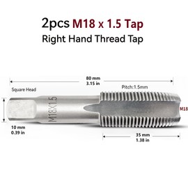 2Pcs M18x1.5 Tap, Metric Right Hand M18 x 1.5 Tap, M18x 1.5 mm High-Speed Steel Thread Milling Tap Suitable for Various Metals, M18 Tap Diameter 18mm, Pitch 1.5mm