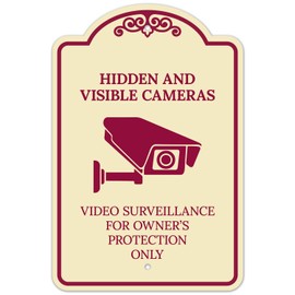 Sigo Signs, Hidden and Visible Cameras Video Surveillance for Owner Protection Décor Sign, Burgundy Light, 12x18 Inches, ACM, Fade Resistant, Made in USA