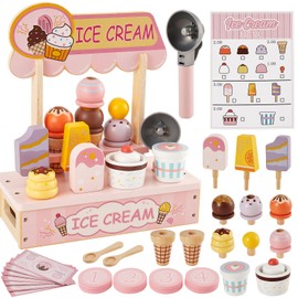HERSITY Wooden Ice Cream Counter Pretend Play Food for Toddlers 3-5, Ice Cream Shop Stand Popsicle Toy Set Gifts for 3+ 4 5 6 Year Old Girls Boys, Pink