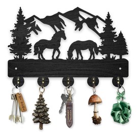 MAYJOYDIY Horse Mountain Tree Key Holder for Wall Forest Animal Decorative Key Hanger 30×20cm 5 Alloy Hooks Wood Key Rack for Gift Entryway Bedroom Living Room Farm