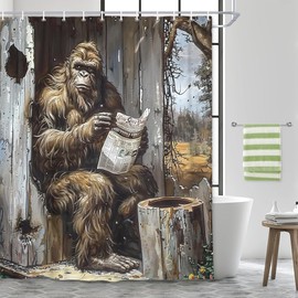Grtuspr Funny Gorilla Shower Curtain Fancy Humor Chimpanzee Read Newpaper Animal Bathroom Sets Vintage Bigfoot Sasquatch with Rustic Wild Daisy Flower Retro Wooden Door Shower Curtains with Hooks