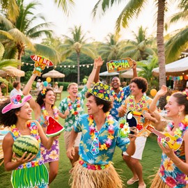 LaVenty Hawaii Foto Requisiten Sommer Fotobox Accessoires Hawaii Photo Booth Props Flamingo Fotorequisiten für Sommer Strand Luau Party Supplies