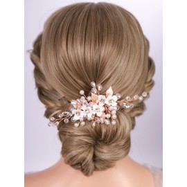 Rumtock White Flower with Rhinestones Beads Rose Gold Hair Comb for Wedding Brides Women Banquet Prom Handmade Hair Piece (Rose Gold)