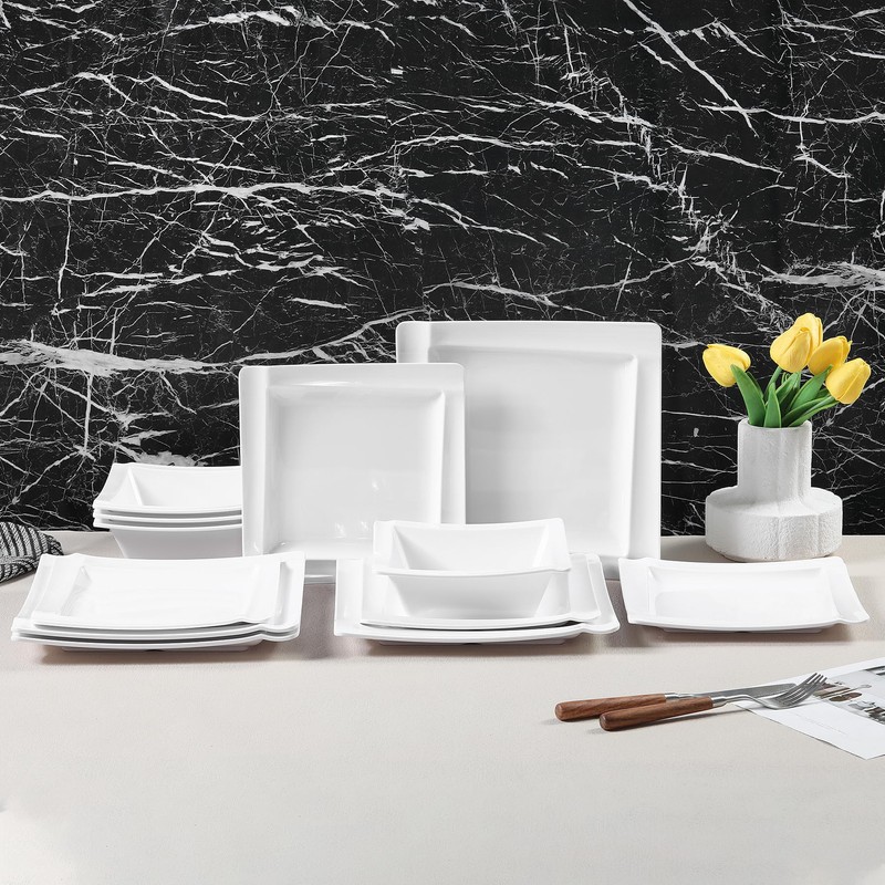 Yummost Square Melamine Dinnerware Sets of 12 Pcs,Square Plates and