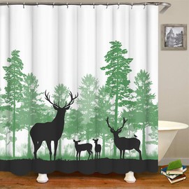 RnnJoile Deer Shower Curtains for Bathroom Wild Animal Silhoutte in Green Forest Bath Curtain Elk Bathroom Decor for Cabin 72"X72" with Hooks (Green)
