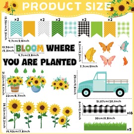 Justforjoyful Spring Sunflower Bulletin Board Decoration Set Sunflowers Truck Cutouts Yellow Flower Butterfly Bulletin Board with Black Plaid Borders for Classroom Home Nursery Wall Door School Decor