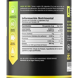 B Life Company Citrato de Potasio 800 mg de Potasio (Provenientes de 1000 mg). Ingredientes Naturales de 240 Cápsulas. Potassium Citrate