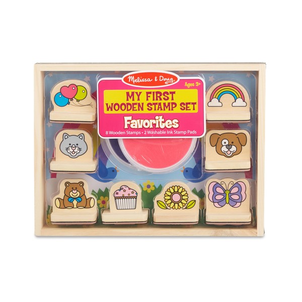 Melissa & Doug My First Wooden Stamp Set Favorites (8 Stamps with Handles, 2 Washable Ink Pads) - Toddler Stamps for Kids Ages 3+