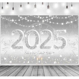 Happy New Year 2025 Decorations, Large Fabric New Years Eve Background Banner Silver, 2025 New Years Decorations for New Years Eve Party Supplies