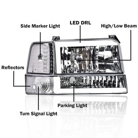 PIT66 LED Headlight Assembly w/Corner Signal Bumper Lamps, Compatible with 1992-1996 Ford F150 Bronco /92-97 Ford F250 F350 F-Super Duty HeadLamps Clear Lens Chrome Housing Clear Reflector