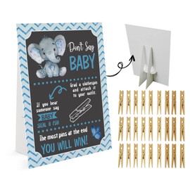 Blue Elephant Don't Say Baby Game (1 Sign And 50 Mini Natural Clothespins) Don't Say Baby Baby Shower Game, Baby Shower Decorations, Baby Shower Games Gender Neutral (2DS10)