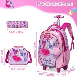 ZBAOGTW Girls Rolling Backpack Kids Trolley School Bag with Wheels Roller Backpacks for Girls 10-12 School Rolling Backpack for Kids with Lunch Box Pencil Case