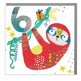 Lola Design - Happy 6th Birthday Card for Kids - Sloth Design, Children's Birthday Cards - Blank Card with Grey Envelope - Designed and Printed in the UK - 150mm x 150mm