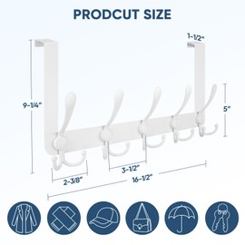 TICONN Over The Door Hooks, 5 Heavy Duty Tri Coat Rack All Metal Coat Hanger for Bathroom Bedroom Dorm (White, 1PK, Fit 1-3/8" Doors)