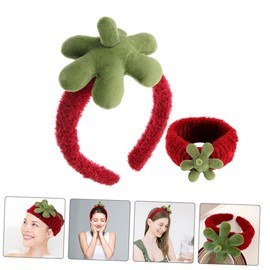 Baluue 2pcs Cute Strawberry Headbands and Wristbands Set Soft Facial Hair Band for Skincare and Makeup Wide Band for Women and Girls for Face Washing and Spa