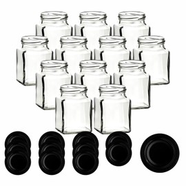 gouveo Set of 12 preserving jars, 314 ml, square with screw lid, black, small storage jars, 0.3 l with screw cap, TO63, empty jars for preserving, preserving and storing