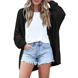 HOTOUCH Black Cardigan for Women Lightweight Thin Spring Crochet Knit Long Sleeve Cardigans Black L