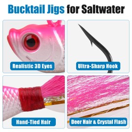 OROOTL Bucktail Jigs Saltwater Hair Jigs, 5 Pack Bucktail Lures Surf Fishing Jig Heads for Bass Flounder Striper Bluefish Halibut Redfish Saltwater Freshwater 1/4oz-2oz