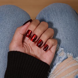 KQueenest Cat Eye Press On Nails Short, 30 Pcs Glitter Black Red Press On Nails Coffin, Dark Sparkly Fake Nails With Glue, Luxury Bling Glue on Nails Press ons, Reusable Gothic Stick on Nail for Women