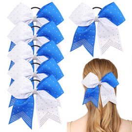 6PCS 8" Large Cheer Hair Bows Ponytail Holder, Rhinestones Cheerleader Bows with Elastic Band Hair Tie Handmade for Cheerleading Teen Girls College Sports (White/Royal Blue)