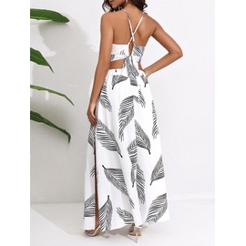 BEAUDRM Women's 2 Piece Outfits Tropical Print Beach Outfits Tie Cami Crop Top and Split Maxi Skirt Sets Vacation Resort Wear Multicolor Medium