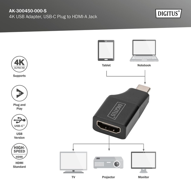 DIGITUS USB-C to HDMI Type-A Adapter - 4k/30Hz - Plug