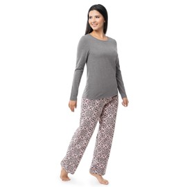 Fruit of the Loom Women's Sueded Jersey Crew Top and Fleece Pant Sleep Set, Heather Grey/Snowflake