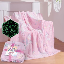 Glow in The Dark Unicorn Blanket for Girls - Fleece Throw for Kids Age 1-12, Pink, 60"x50" - Christmas Birthday Gifts, Bedroom Decor