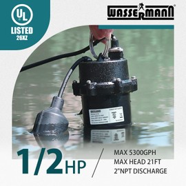WASSERMANN 1/2 HP Sewage Pump with Auto Float Switch, 115V 5300 GPH Cast Iron Submersible Sewage Pump, Sump Pump for Basement Sump Basin Sewage Well 2" NPT Discharge with 10 FT Cable