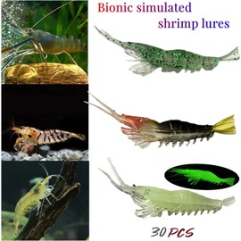 DAMIDEL 30Pcs Simulation Shrimp Saltwater Fishing Soft Plastic Lures Bait Kit, Lumionous Shrimp Lures Set Universal Size 3.2in, 1/8oz, Shrimp Fishing Tackle for Bass Luminous
