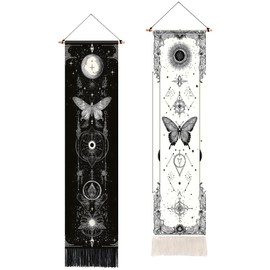 BVBOX - Juego de 2 tapices verticales para luna y sol, diseño de flores de paisaje para decoración de pared para sala de estar y recámara, 13 pulgadas de ancho x 51 pulgadas de alto (mariposas 2, 13