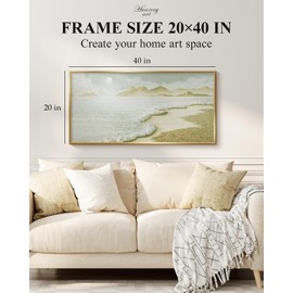 HUARCEY Large Sand-Textured Gold Metal Framed Canvas Wall Art, Neutral 20x40” Modern Coastal Seascape Painting Artwork, Luxury Sand Finish Ocean Beach Wall Decor for Living Room Office