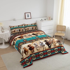 Horses Comforter Set Twin Horse Themed Room Decor for Girls, Bohemian Native Aztec African Tribal Horse Print Bedding, Boho Western Rustic Farmhouse Bedroom Duvet Insert Exotic Nordic Style Quilts