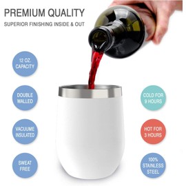 CHILLOUT LIFE Stainless Steel Wine Tumblers 4 Pack 12 oz - Double Wall Vacuum Insulated Wine Cups with Lids and Straws Set Coffee, Wine, Cocktails - Powder Coated White