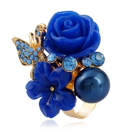 Aloluo Blue Plumeria Rose Flower Resin Statement Rings for Women Gold Plated Cubic Zirconia Butterfly Blue Ball Boho Adjustable Open Band Finger Ring Birthday Wedding Bohemia Jewelry Gift