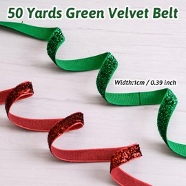 WANDIC Green Glitter Velvet Ribbon, 50 Yards Single-Sided Velvet Vintage Silk-Soft Ribbin for Chrismas Decoration Box Wrapping Wedding Bouquet Flower