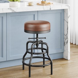 Raynesys Adjustable Height Swivel Bar Stool, 22-29 Inch Industrial Vintage Bar Counter Height Stool with Thicken Premium Bonded Leather Seat & Updated Footrest, Easy Assembly, Brown