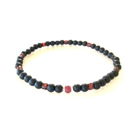 Men's Ruby Bracelet, Genuine Ruby Gemstone, Matte Black Onyx, Thai Fine Silver, Minimalist Stretch Bracelet, Skinny, Layering, Unisex.