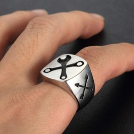 LAFATINA Men's Biker Wrench Signet Ring Wedding Rings Stainless Steel Mechanic Tool Ring, Stainless Steel