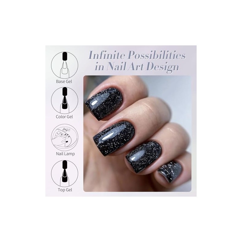 Born Pretty UV Nagellack Glitzer Schwarz Reflektierendes Gel Nagellack UV