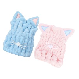 FRCOLOR Thick Soft Cat Ear Hair Cap 2Pcs Fast Dry Towels for Long Hair for Home Use Blue Pink