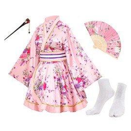 Japanese Anime Women's Dance Kimono Robe Fancy Dress Yukata Silk Folding Fans Tabi Hairstick Socks Set Pink Small