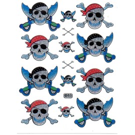 Pirate Sabre Bone Skull Pirate Ship Caribbean Colourful Stickers 14 Pieces 1 Sheet 135 mm x 100 mm Sticker Craft Kids Party Metallic Look