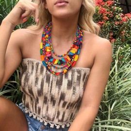 Ever Faith Colorful Statement Multi Layered Chunky Necklace, Vintage Boho Wood Beaded Strand Bib Collar Necklace for Women Girls