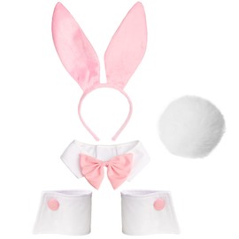 Bunny Costume Set - Rabbit Ears Headband, Bow Tie, Cuff and Tail Accessories Kit, Pink, One Size